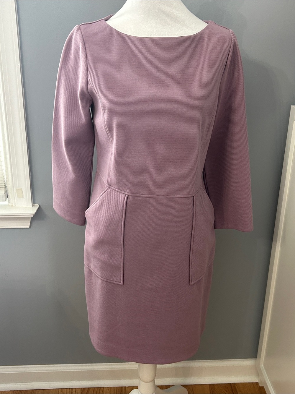 Boden Mauve Ribbed Ottoman Shift Sheath Dress 3/4 Sleeve Pockets US 8 Petite